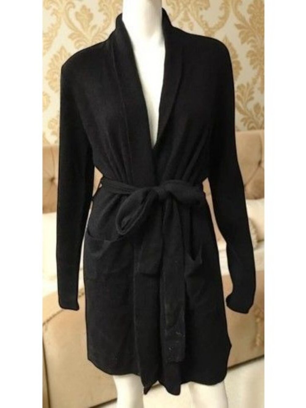 White + Warren 100% Cashmere Short Robe- Black SIZE Large New With Tags - Picture 2 of 6